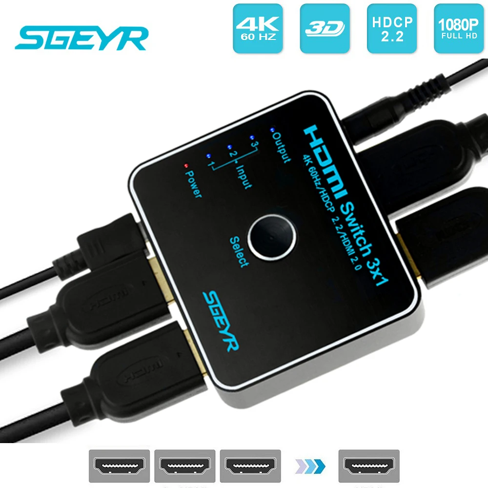 HDMI коммутатор 3x1 3 порта HDMI 2,0 коммутатор SGEYR коммутатор 4K Ultra HD 4 K/60Hz HDR 4:4:4 HDCP 2,2 коммутатор с ИК-пультом дистанционного управления