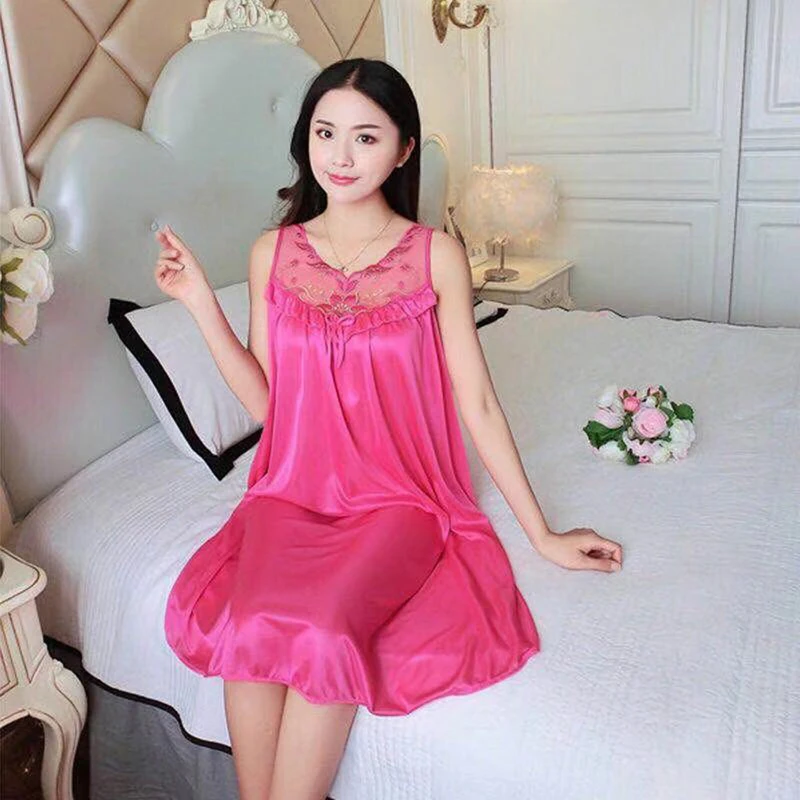 Rose Red HEFLASHOR сексуальное кружевное шелковое платье для сна, атласное платье, гладкое ночное белье для женщин, летняя Ночная рубашка без рукавов - Цвет: Rose Red