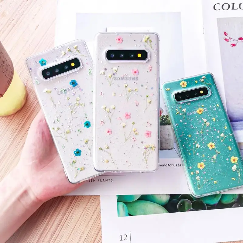 Прозрачный сияющий блеск с настоящим цветком для телефона samsung Galaxy S10 S9 Plus мягкая