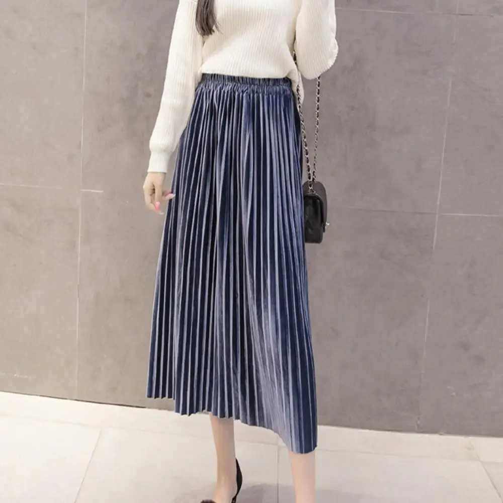 Модная плиссированная юбка из золотистого бархата Однотонная юбка с завышенной талией, свежая и милая длинная бархатная юбка Новая Осенняя юбка