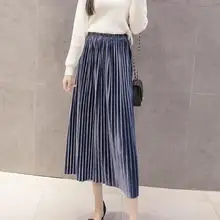 Модная плиссированная юбка из золотистого бархата Однотонная юбка с завышенной талией, свежая и милая длинная бархатная юбка Новая Осенняя юбка