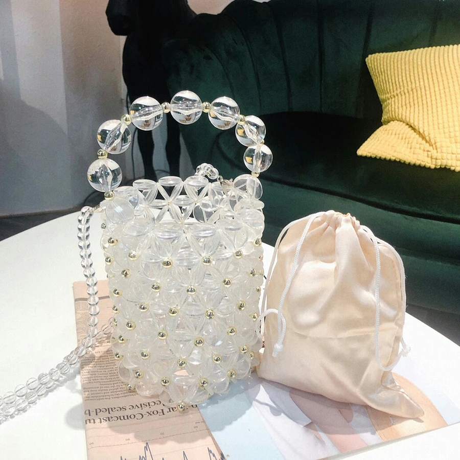 Прозрачный кристалл сумка-мешок Для женщин летние женские туфли-лодочки; сделанные вручную выдалбливают акриловая жемчужина бисером вечерний клатч сумка через плечо для женщин, вечерние