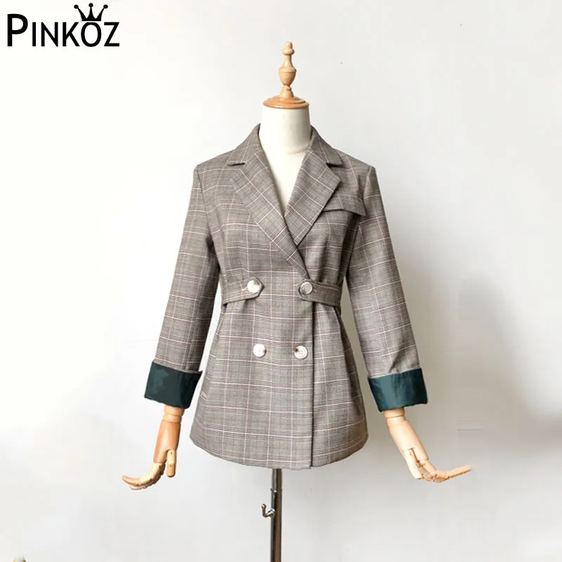 Pinkoz осень новое поступление Vinage клетчатый полосатый короткий Блейзер с длинным рукавом Caot двубортный шикарный клетчатый блейзер с поясом - Цвет: as picture