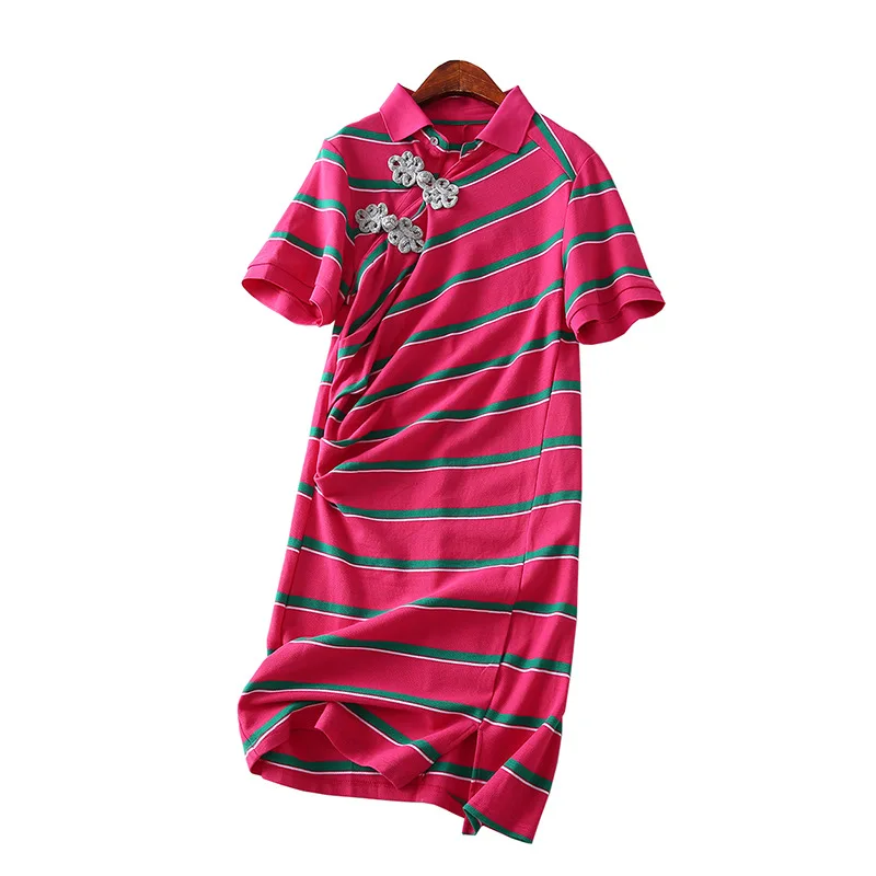 

One's Loose-Fit Slimming Polo Collar Cheongsam Buckle Striped Dress Women's Entity