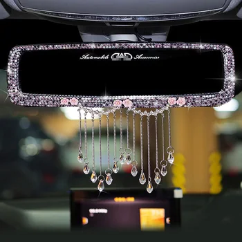 

Fashion Tassels Rhinestone Car Interior Rearview Mirror Cover Decor Charm Flower Crystal Rear Mirror Ornaments Car Accessories