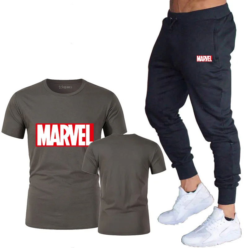 Dark gray Новинка, Мужская футболка с надписью Marvel, футболка с коротким рукавом, Мужские штаны, летняя брендовая одежда, топы, набор - Цвет: Dark gray