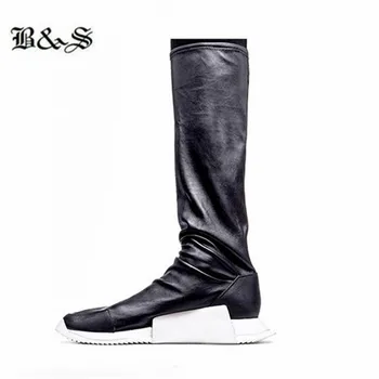 

Black& Street customized handmade Men High Top elasticity PU+ leather slip on Punk Boots catwalk winter knight boots