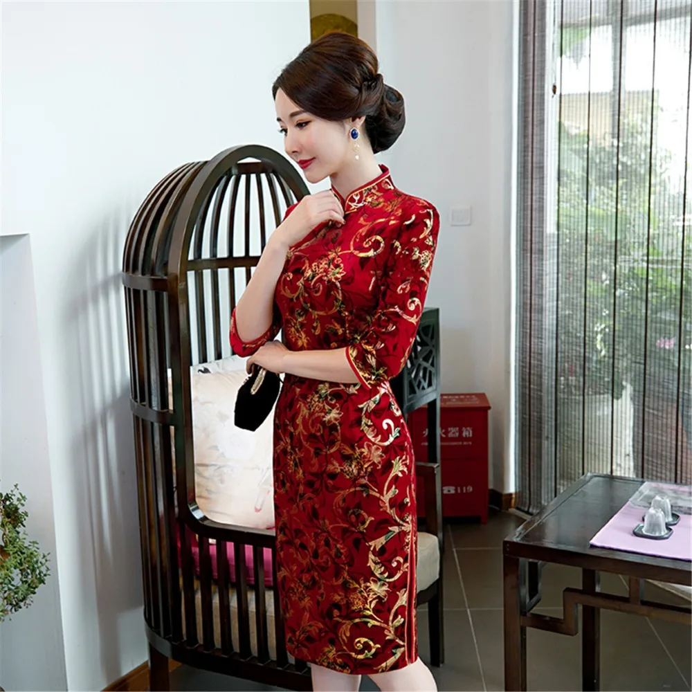 Шанхай история Половина рукава китайское традиционное платье Cheongsam Цветочная вышивка бархат Qipao китайское женское платье 3 цвета