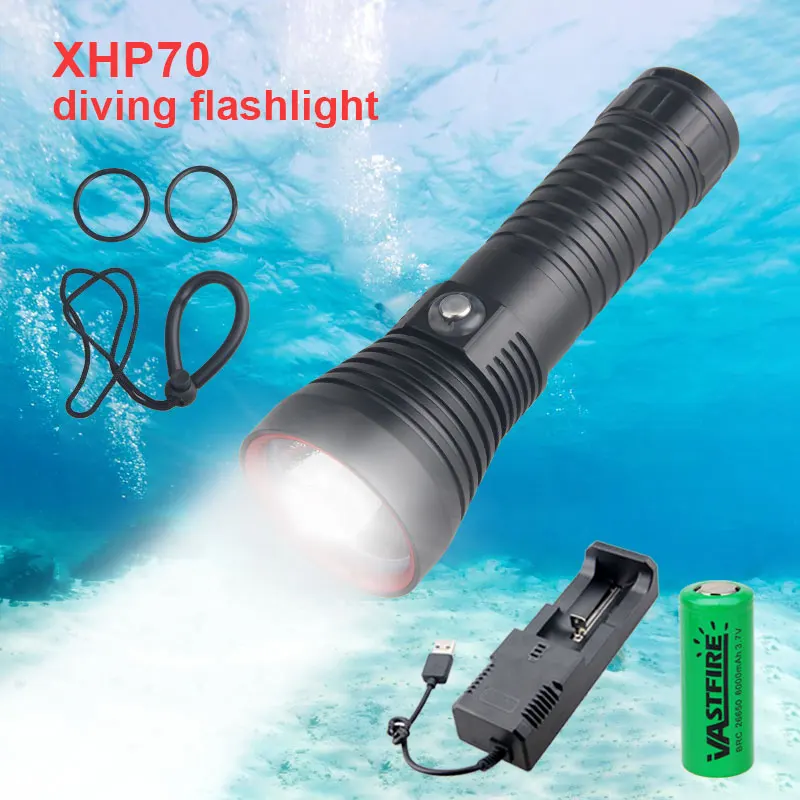 XHP70.2 LED Yellow/White 6000 Lumens Diving Flashlight Underwater 100M Diver Spearfishing Torch+26650 Battery+USB Charger