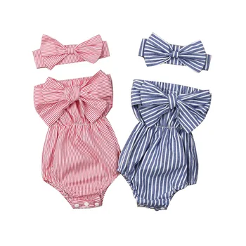 

Newest Fashion Newborn Baby Girl Clothes Off Shoulder Bowknot Striped Bodysuit Jumpsuit Headband 2Pcs Outfits Set