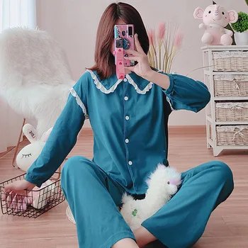

Lapel Young Lady Pajamas Suit Autumn New Cotton Sleepwear Loose Casual Pijamas Long Sleeve Pants Sets Lounge Home Clothing
