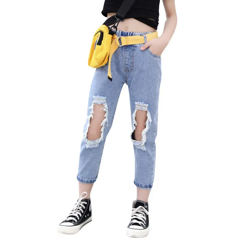 Pantalones vaqueros rotos con cinturón Jeans rasgados con en las rodillas, informales, con estilo, para verano|Pantalones| - AliExpress