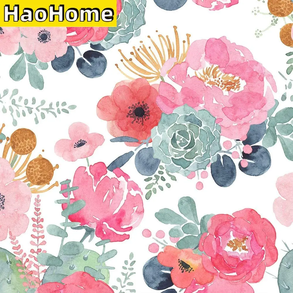 HaoHome Floral Wallpaper Peel and Stick Watercolor Cactus White/Pink/Green/Navy Blue Vinyl Self Adhesive Contact Paper t shirts tees leopard cactus pumpkin bleached t shirt tee in blue size m