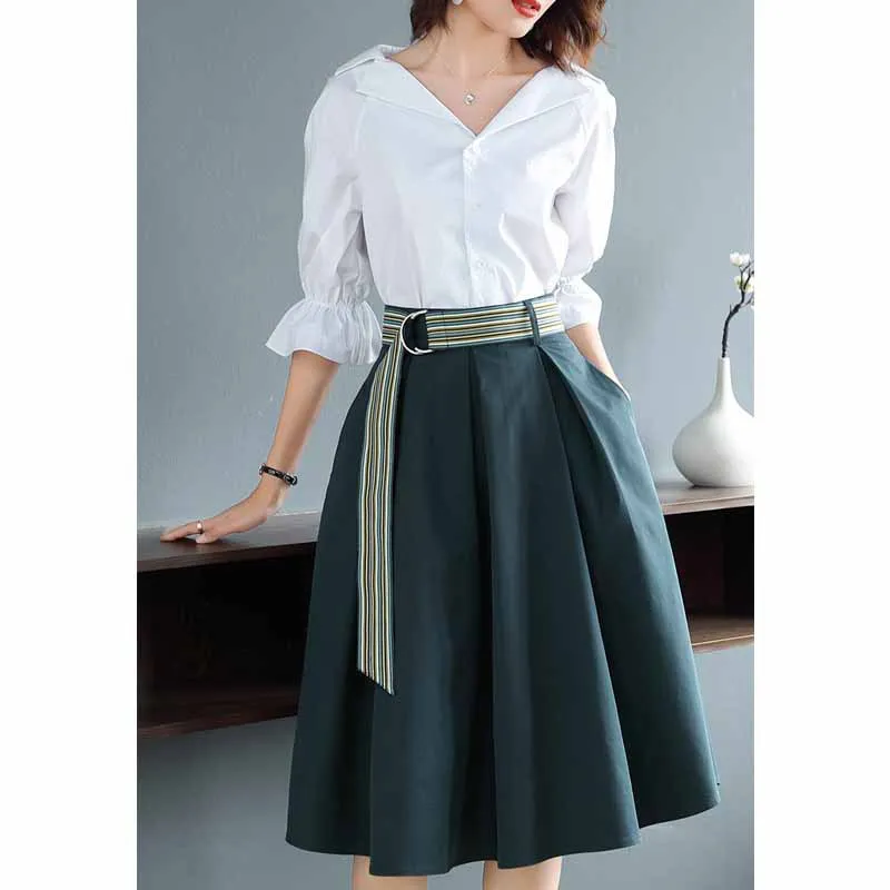 

2019 Autumn Clothing New Style Elegant Flounced Shirt Big Hemline Skirt Fashion Set Two-Piece Set Western Style Women's