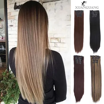 

XUANGUANG Long Straight Clip In Hair Extensions Synthetic Fake Hairpiece False hair 22'' 140g 16 Clips