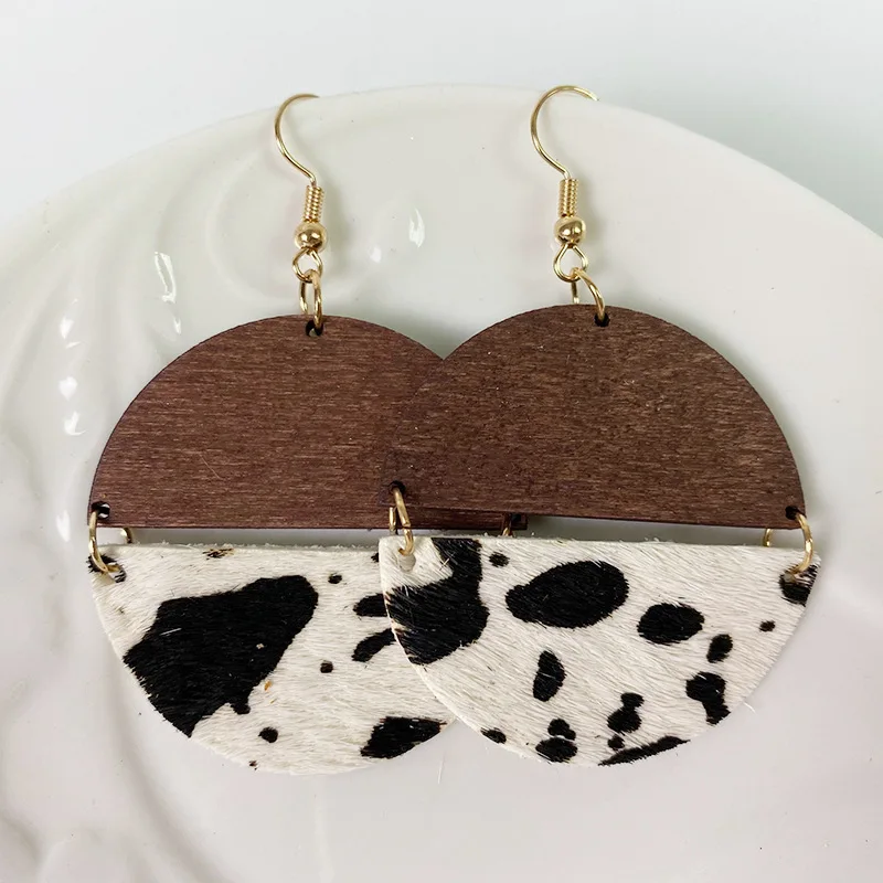 Leopard Print Cowhide Earrings - Bohemian Teardrop Wooden Dangle Earrings, Lightweight Handmade Jewelry