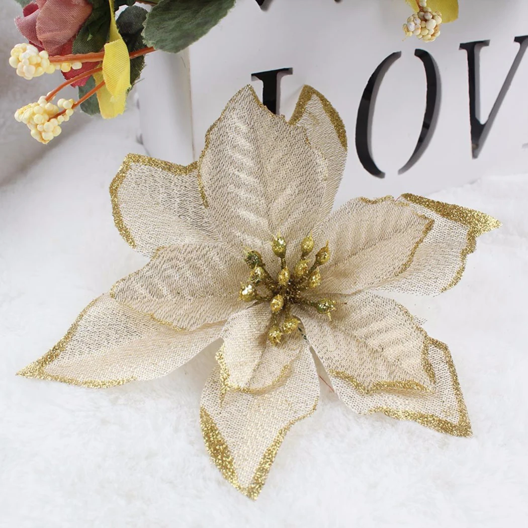 10PCS Christmas Flowers Xmas Christmas Tree Decorations Glitter Wedding Party Artificial Flowers Decor Drop Shipping