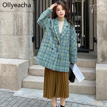 Ollyeacha Chaqueta corta a cuadros para mujer, traje Vintage de manga larga de Tweed, abrigo verde, ropa elegante, 2021