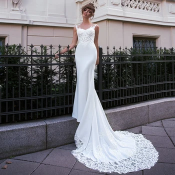 

Sexy Mermaid Wedding Dresses Bridal Gown Scoop Sleeveless Applique Sweep Train Robe De Mariage Bride Dress