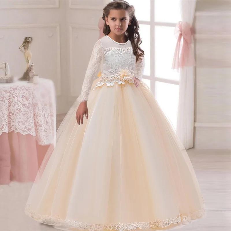 Детское свадебное платье подружки невесты с цветочным узором для девочек; Элегантное Длинное платье; вечерние платья принцессы для девочек; детская одежда; vestidos - Цвет: champagne