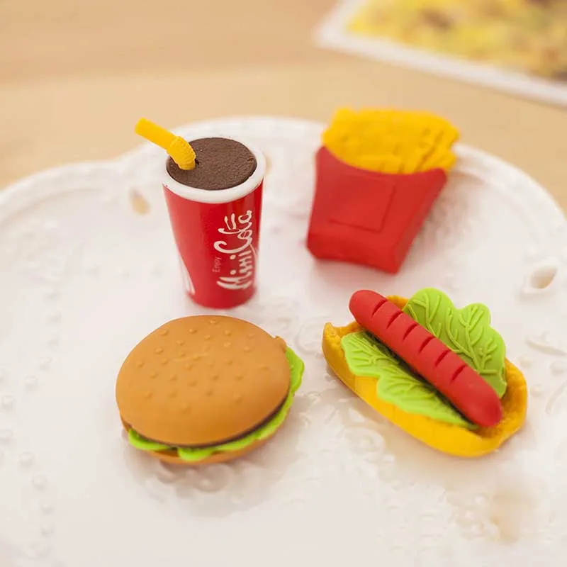 

1pcs/lot Interesting Creativity Burger Cola Fries Hot Dog design Food Drink Rubber Eraser brain game for kids School Silgi