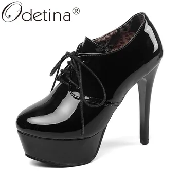 

Odetina Patent Leather Womens Sexy High Heel Platform Ankle Booties Comfy Lace Up Round Toe Pumps Vintage Stiletto Plus Size 46
