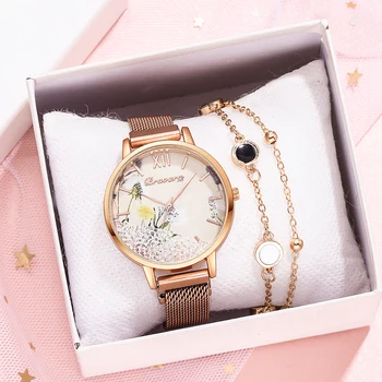 

Bravura Brand 2pcs Set Woman Watch Magnet Removable Rhinestone Flowers Watch For Women Ladies Bracelet Watch Relogio Feminino