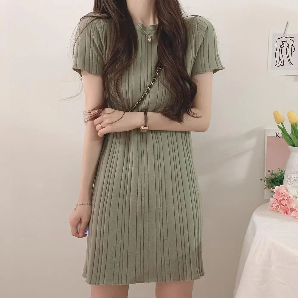 Dress Women Solid Simple All-match Student 5 Colors Fashion Female Ulzzang Sweet Vacation Chic Ins Knitted Leisure Elegant Ins long dress