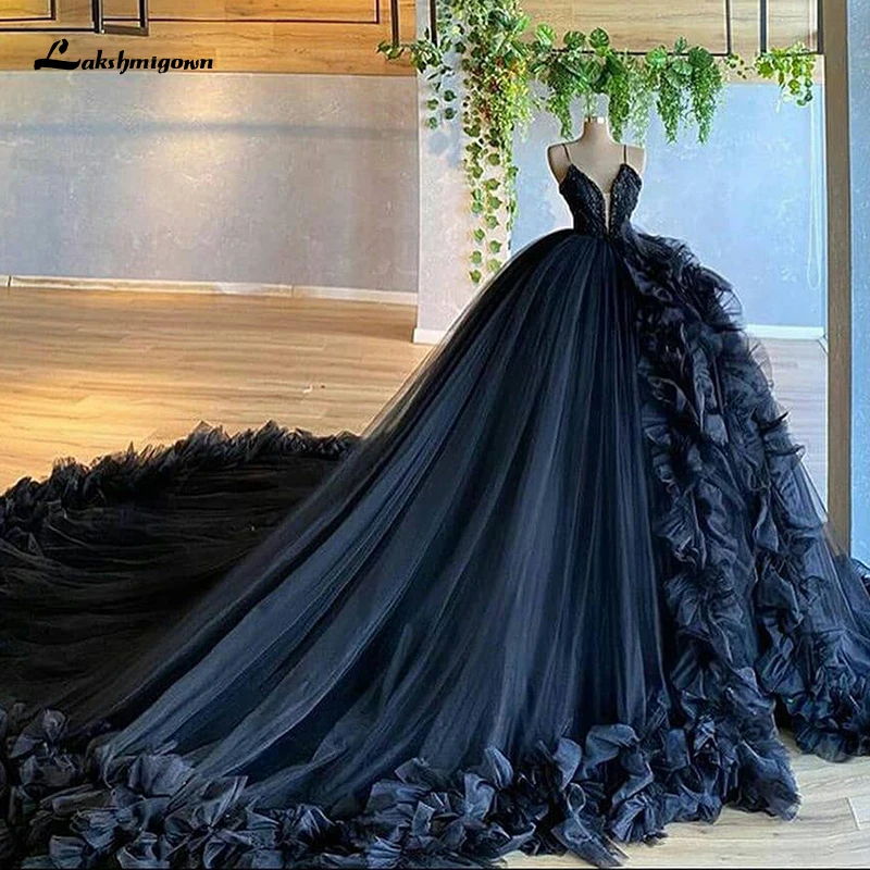 

Custom Made Gothic A Line Black Wedding Dress 2021 V Neck Halloween Christmas Dress Spaghetti Straps Tulle with 3D Flower