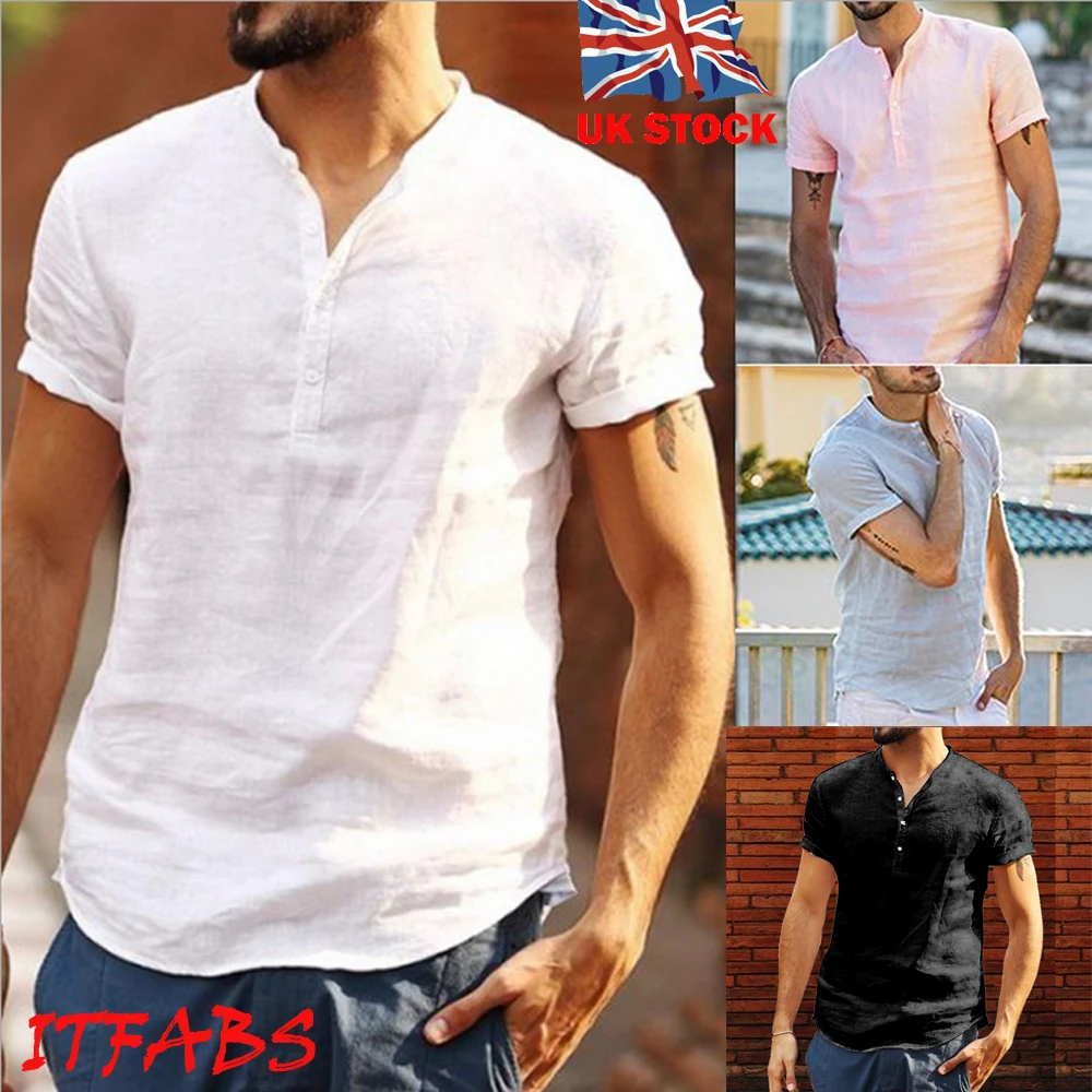 Мужские рубашки льняное с короткими рукавами летняя однотонная уличная мужская Повседневная Свободная Мягкая футболка