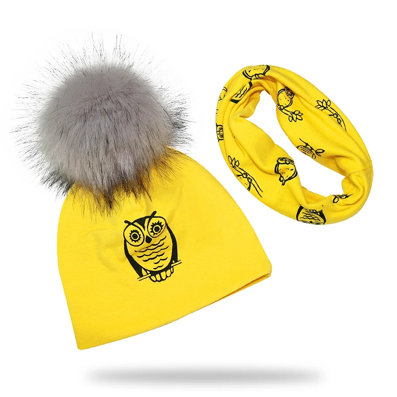 yellow owl Детская шапка, хлопковый помпон с искуственным мехом, шапка для мальчика, зимняя шапка, шарф, комплект с принтом, шапка для девочки, шапочка, детская шапка - Цвет: yellow owl