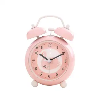 

3 Inch Cute Metal Ringing Alarm Clocks Student Bedside Mute Snooze Bell Clocks Decor Pink Flaming-bird Clock with Night Light