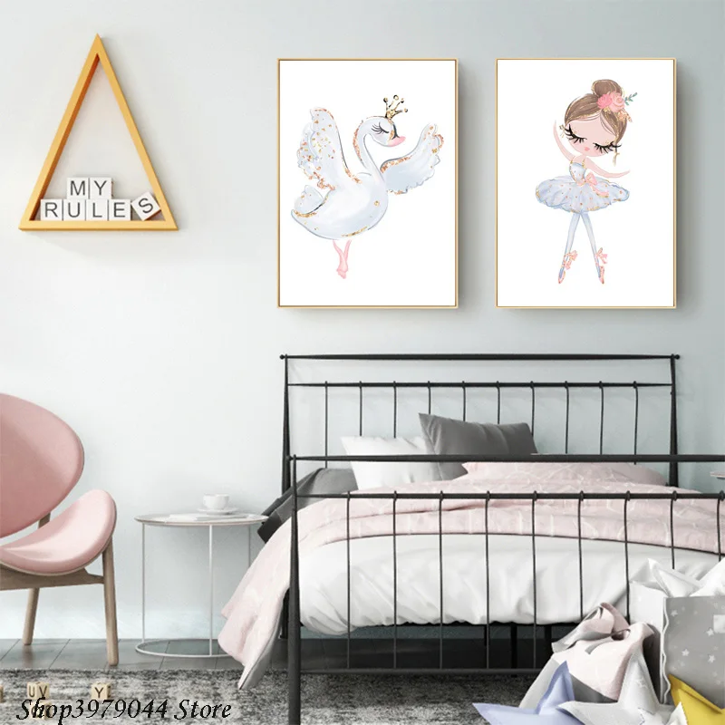 Nursery Cartoon Canvas Painting Girl Swan Minimalist Nordic Posters And Prints Wall Pictures For Baby Kids Room Decor Unframed | Дом и сад