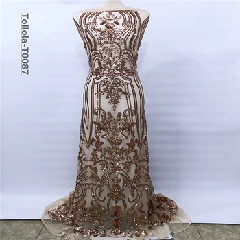 

(5yards/pc) High Quality Gradient Champagne African Sequins Lace French Net Lace Fabric For Bling Party Dress