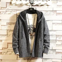 Мужской свитер с капюшоном Think, Новое поступление, зимний бархатный теплый мужской вязаный кардиган на молнии, студенческое пальто M53