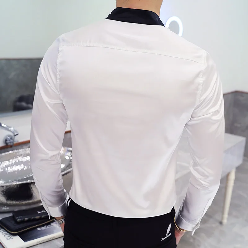 New Fashion White Dress Shirts Men Tie Long Sleeve Casual Formal Shirt Man Slim Fit Wedding 3