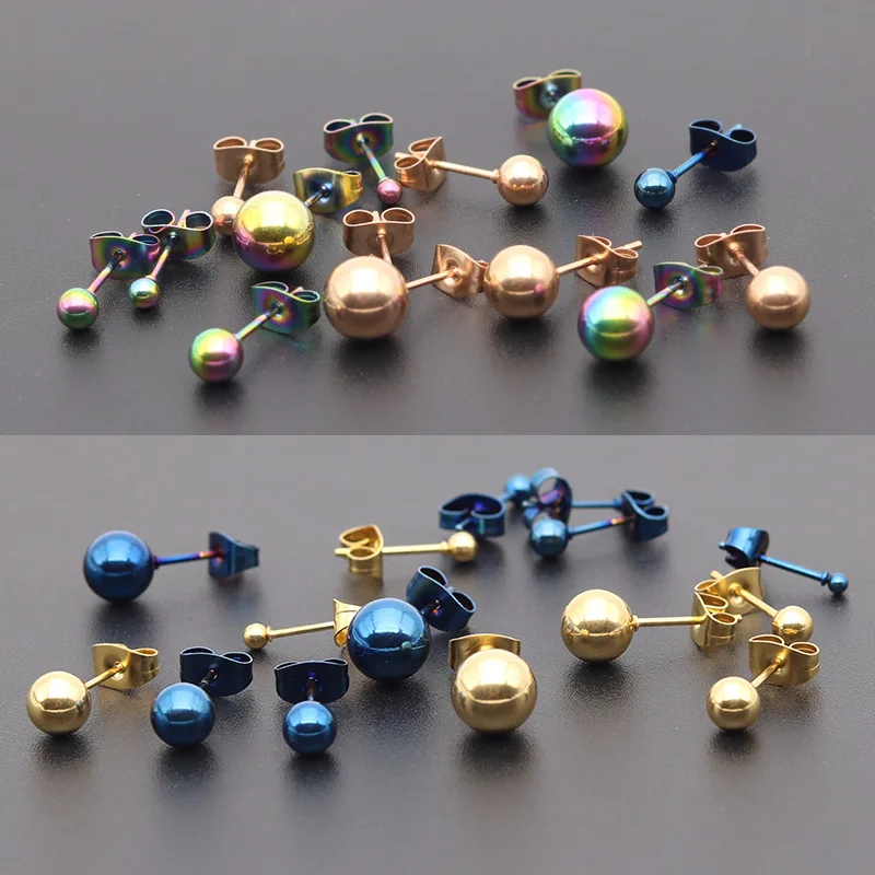 AsJerlya 2PC Surgical Steel Silver Color,Black,Gold,Rose Gold Color Ball Stud Earrings Punk Ear Tragus Ear Piercing Stud Earring 2