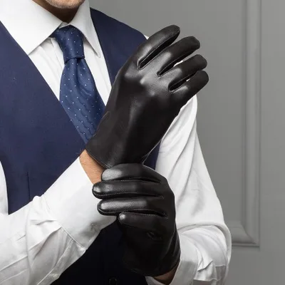 Новое поступление мужские перчатки из натуральной кожи Goatskin зимние теплые черные перчатки с сенсорным экраном Зимние перчатки для вождения - Цвет: black