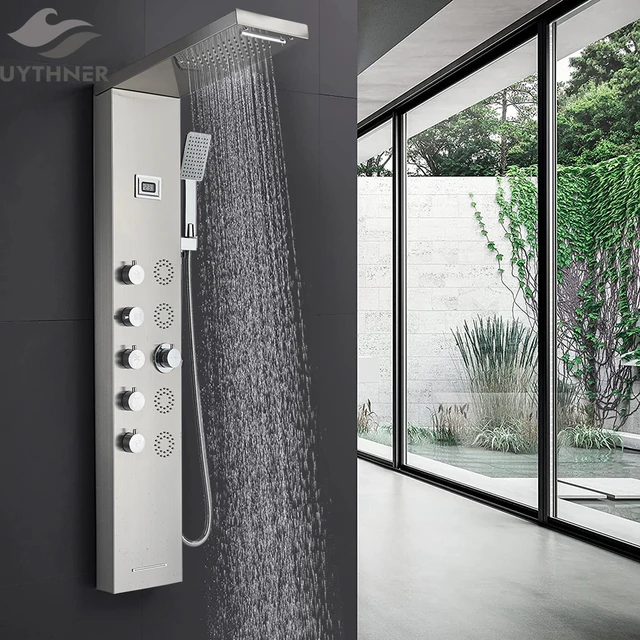 Système de panneau de douche pluie à LED, baignoire, centre commercial  d'eau, robinet, massage SPA, écran de température, noir, brossé - AliExpress