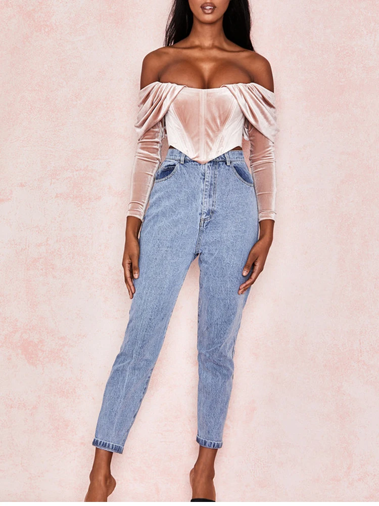 NewAsia Boning Corset Shirt Velvet Blouse Women Autumn Vintage Long Sleeve Ruched Off Shoulder Corset Tops Ladies Sexy Shirt New