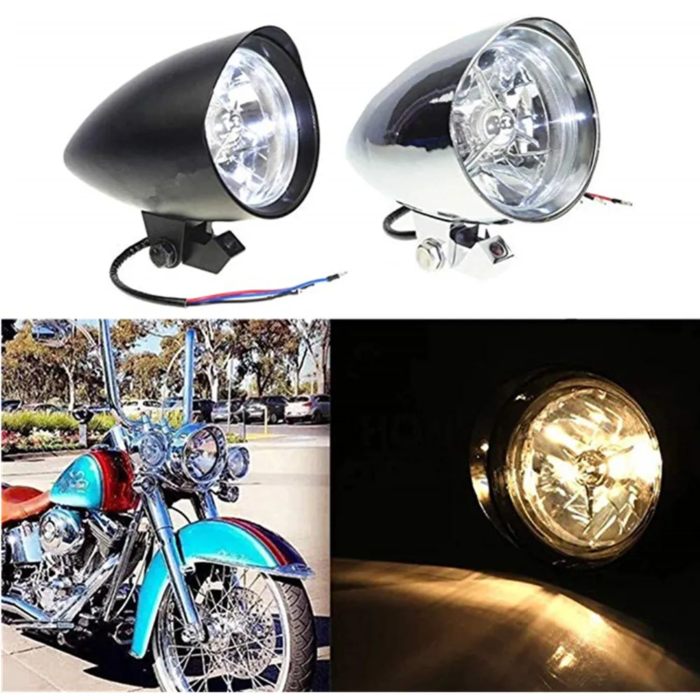 Motorcycle Bullet Visor Headlight H4 Headlamp Head Light Assembly For Harley Honda Yamaha Kawasaki Suzuki Aprilia Ducati Chrome