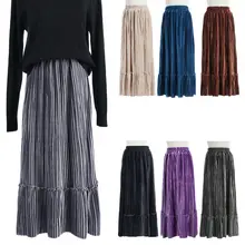 Зимняя бархатная теплая Женская длинная юбка, винтажная Осенняя модная плиссированная трапециевидная эластичная юбка с высокой талией, однотонные юбки