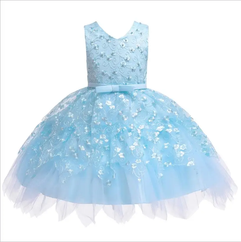 Белое платье на крестины для маленьких девочек; праздничная одежда для девочек на первый День рождения; Сетчатое асимметричное платье-пачка принцессы для маленьких девочек - Цвет: Небесно-голубой