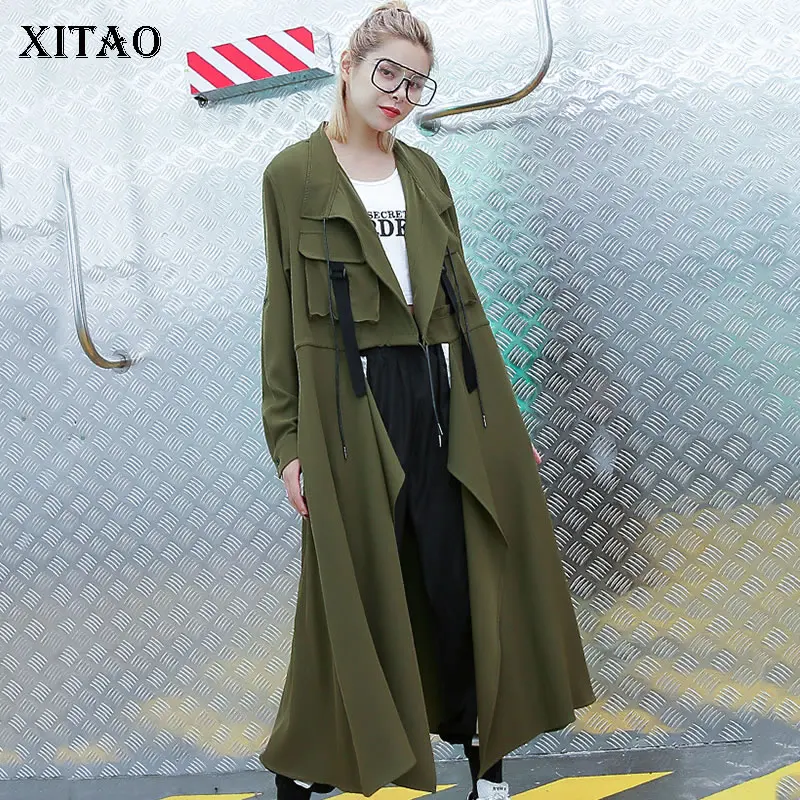 [XITAO] Новая Женская корейская мода 2019 Лето Асимметричный открытый стежок Turn-Down воротник полный рукав карман повседневный Тренч DLL3526
