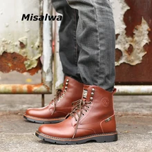 Misalwa/; сезон весна-зима; оригинальные кожаные мужские ботинки с круглым носком; деловые Низкие ботильоны; однотонные зимние фирменные рабочие ботинки