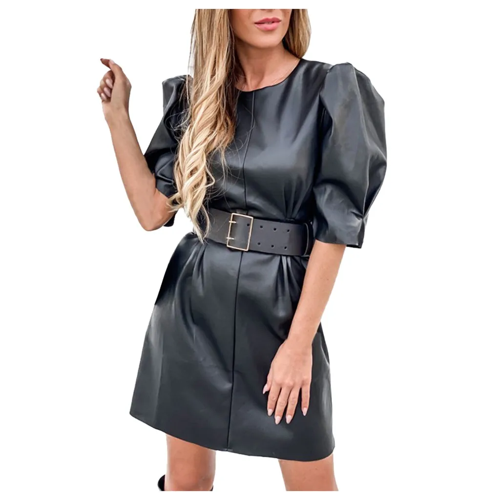 JAYCOSIN женское платье из искусственной кожи с пышными рукавами Осень Зима с поясом о-образным вырезом сексуальное тонкое Ретро Черное Мини платье vestido 1210