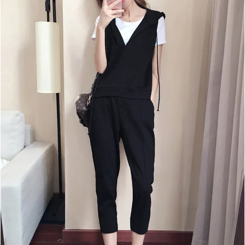 

2019 New Style Summer Set Large Size 200 of Fat Mm Short-sleeved Top Waistcoat Capri Pants Three-piece Set WOMEN'S Dress