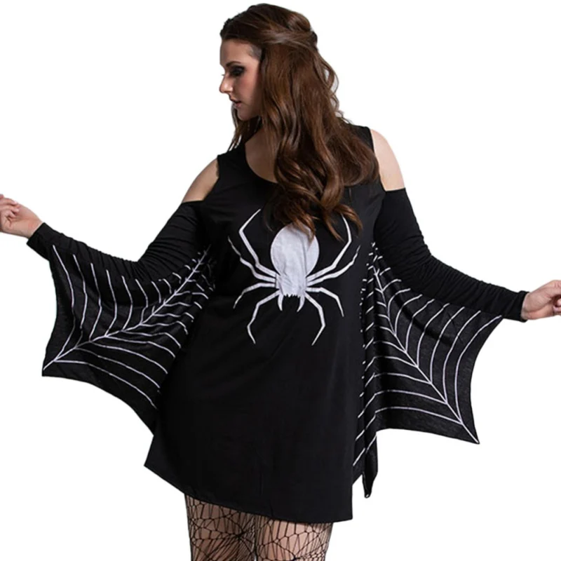 

Autumn Halloween Printed Dress Women Spider Print Performance O-Neck Long Sleeve Dress Bat Sleeve Plus Size Cutout vestidos!