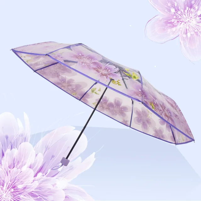 Sűrítse Át Az Átlátszó Háromszoros Cseresznyevirág Eső Esernyő Műanyag Pvc Clear Falbala Vízálló Esernyőket Parapluie - Image 2