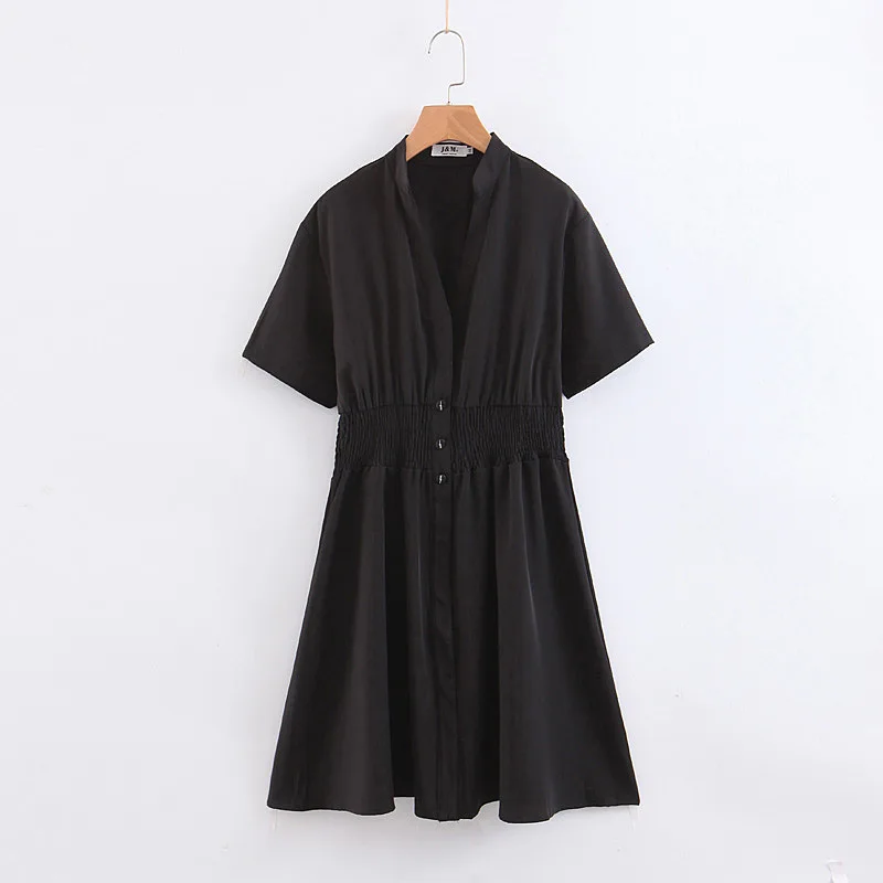 

Black And White with Pattern Cotton Linen Dress 2019 New Style Summer Waist Hugging Slimming Elegant V-neck Western Style High-E